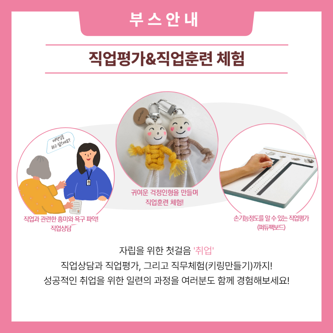 부스안내. 직업평가와 직업훈련 체험. 자립을 위한 첫걸음, 취업. 직업상담과 직업평가, 그리고 직무체험(키링만들기)까지! 성공적인 취업을 위한 일련의 과정을 여러분도 함께 경험해보세요. 해당 페이지 내에는 상담을 하고 있는 일러스트와 이용인들이 만든 걱정인형 키링, 직업평가도구인 퍼듀팩보드 수행 사진이 삽입되어 있습니다. 각각 설명으로는 직업과 관련한 흥미와 욕구파악! 직업상담, 귀여운 걱정인형을 만들며 직업훈련 체험, 손기능정도를 알 수 있는 직업평가(퍼듀팩보드)라고 적혀 있습니다.