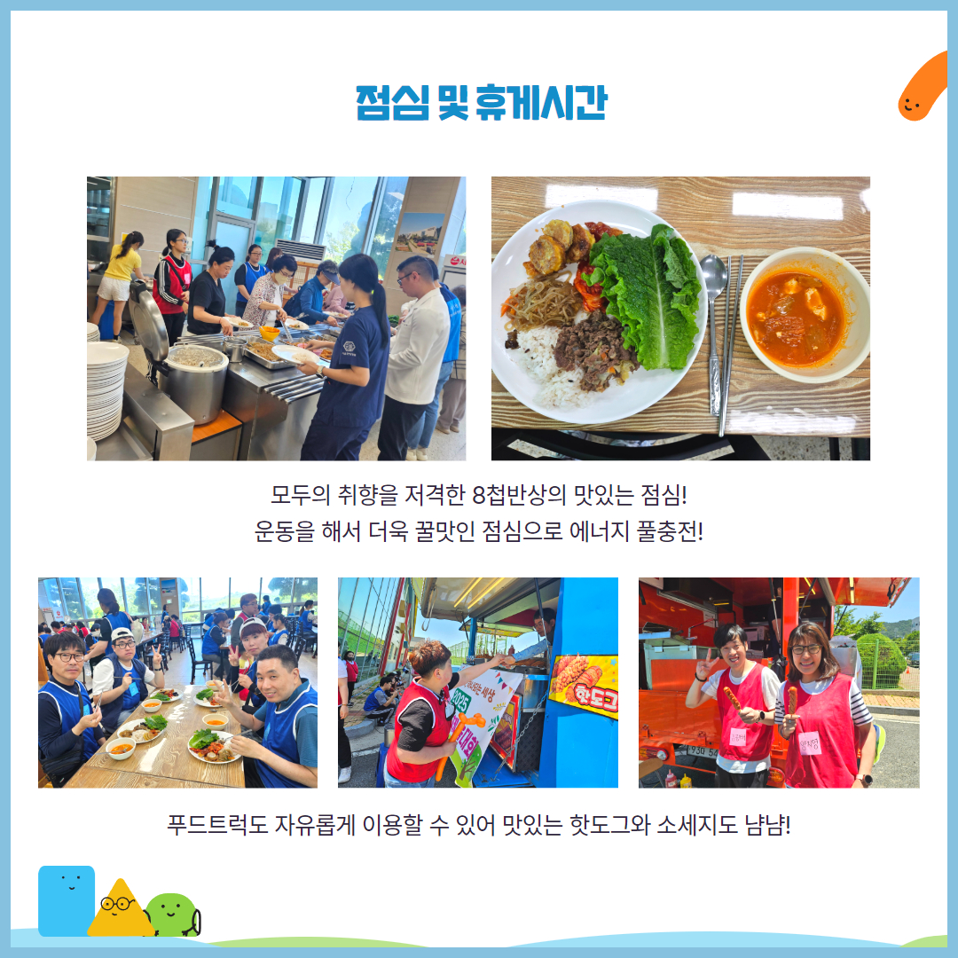 점심 및 휴게시간. 모두의 취향을 저격한 8첩반상의 맛있는 점심. 운동을 해서 더욱 꿀맛인 점심으로 에너지 풀충전. 푸드트럭도 자유롭게 이용할 수 있어 맛있는 핫도그와 소세지도 냠냠. 해당페이지에는 배식을 하고 있는 사진, 메뉴가 단김 급식사진, 식사를 하기 전 기념사진을 찍은 이용인들, 푸드트럭에서 소세지를 받고 있는 이용인, 소세지를 들고 밝은 표정으로 사진을 찍은 이용인들의 사진이 삽입되어 있습니다.