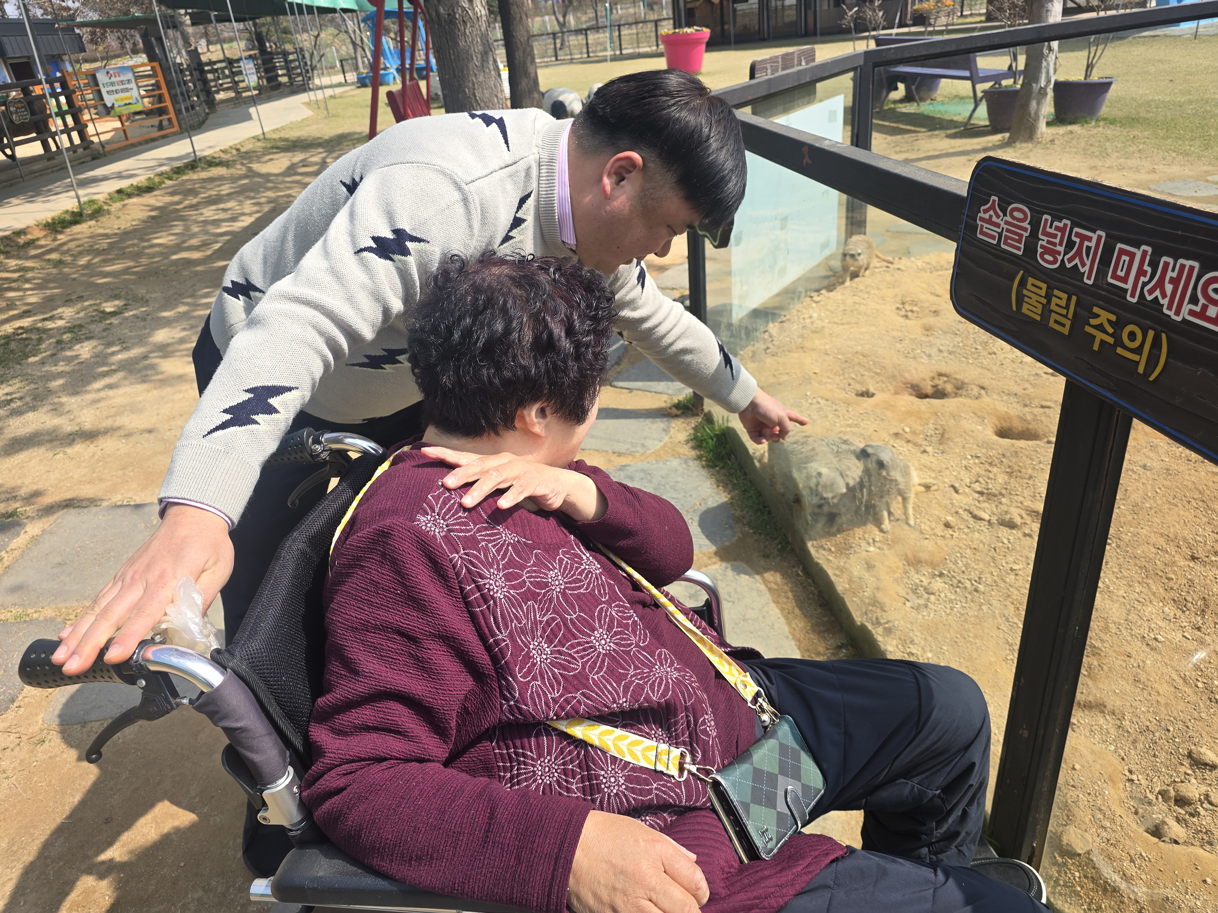 재가장애인과 직원이 함께 동물을 구경하는 모습입니다.